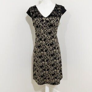 Desigual Black & Tan Heart Print Dress Cap Sleeves Pullover Short Size S